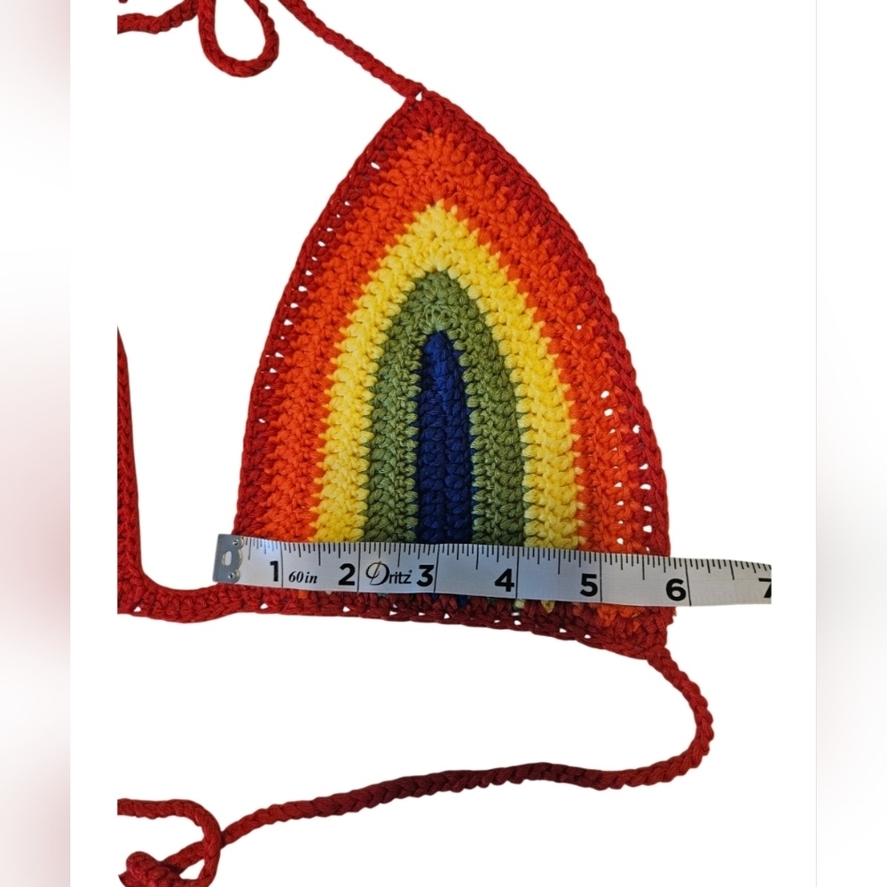 Handmade Crochet Crop-Top Rainbow Colors Deep V Swimming Cover-up top Colorful - Picture 14 of 17